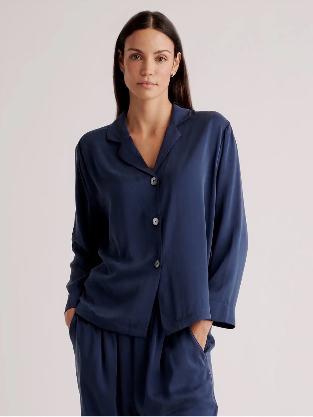 Quince 100% Washable Silk Long Sleeve Pajama Top in Navy Large NWT